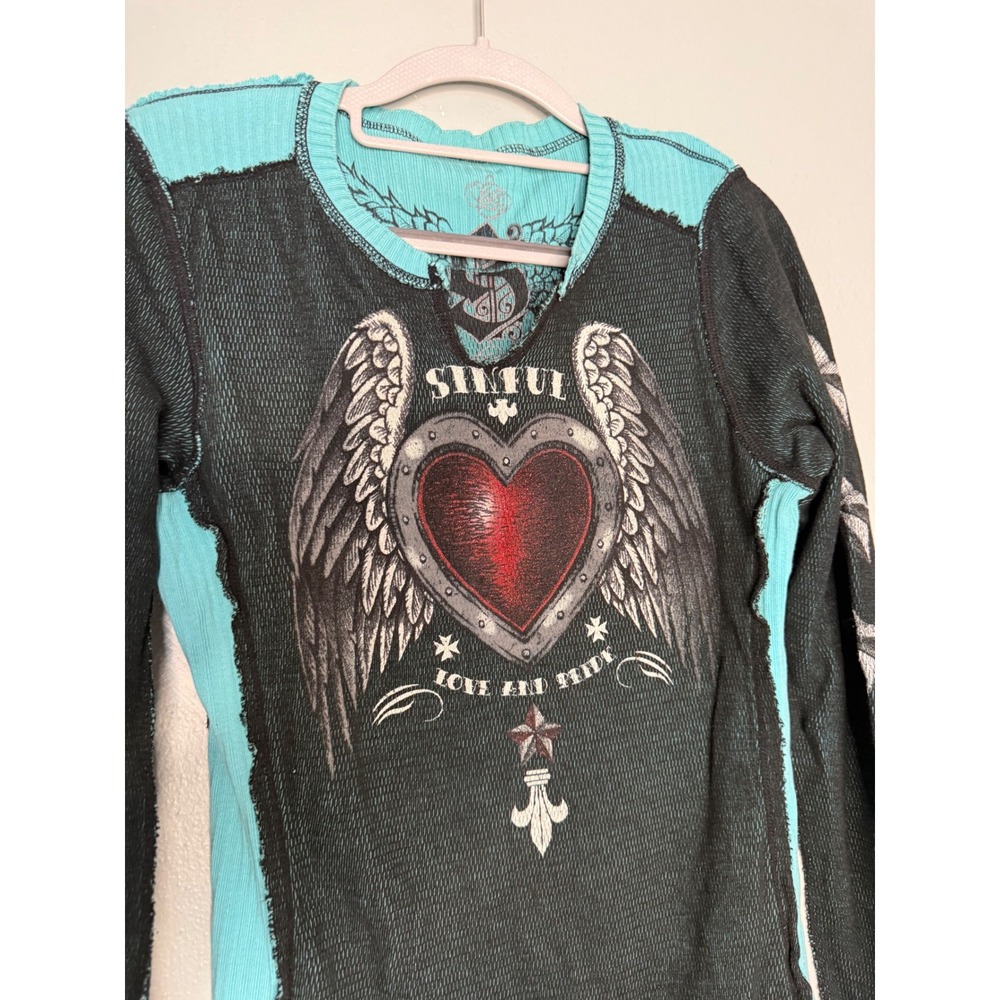 Sinful by Affliction Y2K Thermal Reversible Glitter Heart Turquoise & black top - Picture 11 of 16